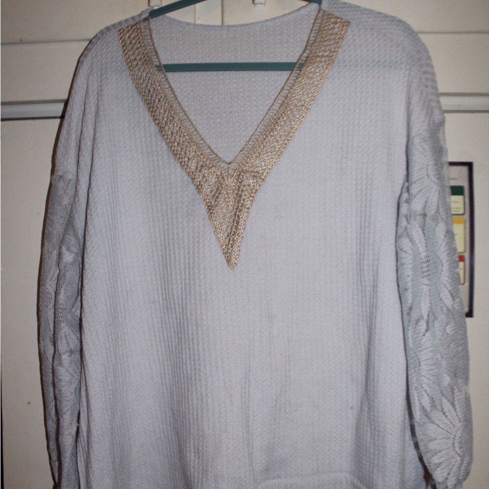V-Neck Sweater with Lace Sleeves